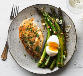 Herbed Chicken Breasts with Asparagus, Mustard Vinaigrette and Almonds