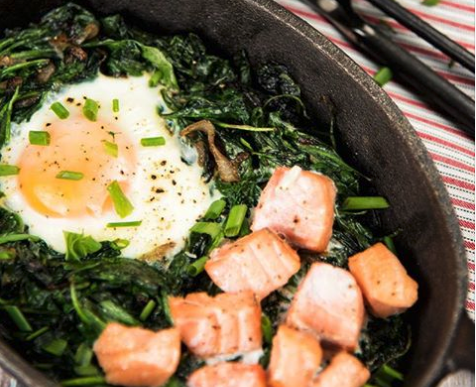 Spinach with Baked Eggs and Smoked Salmon