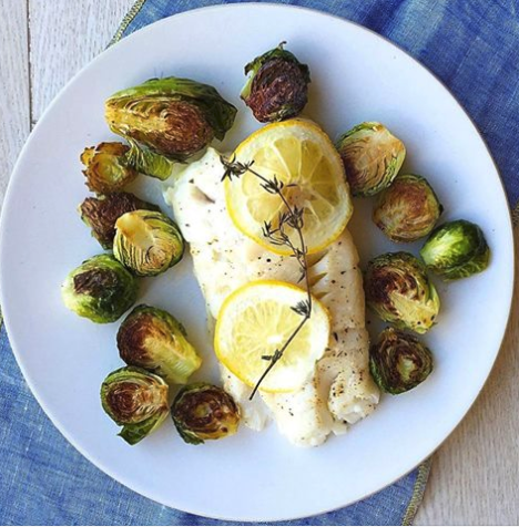 Lemony Roasted Cod with Brussel Sprouts