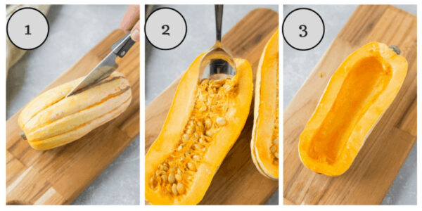 After removing the seeds from the Acorn squash, brush the inside with olive oil and sprinkle with salt, pepper, and paprika. Bake for 50-60 minutes or until fork-tender

 (***For faster, oil-free cooking, cut squash in half and remove seeds, place in microwave safe dish with some water and cover it. Microwave for 5-8 minutes, until fork-tender)