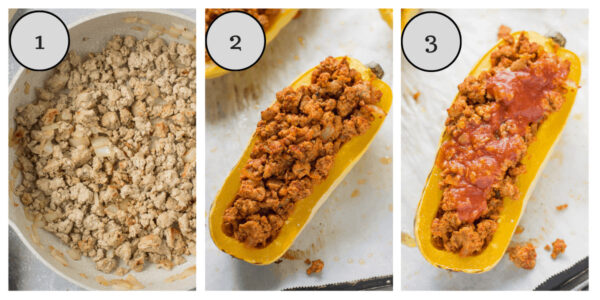 To assemble, divide taco meat evenly into the squash boats. Top with choice of additional toppings and enjoy! 