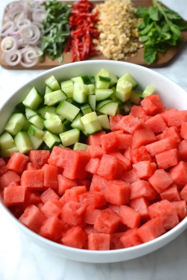In a large bowl or serving platter place the watermelon and cucumber. 